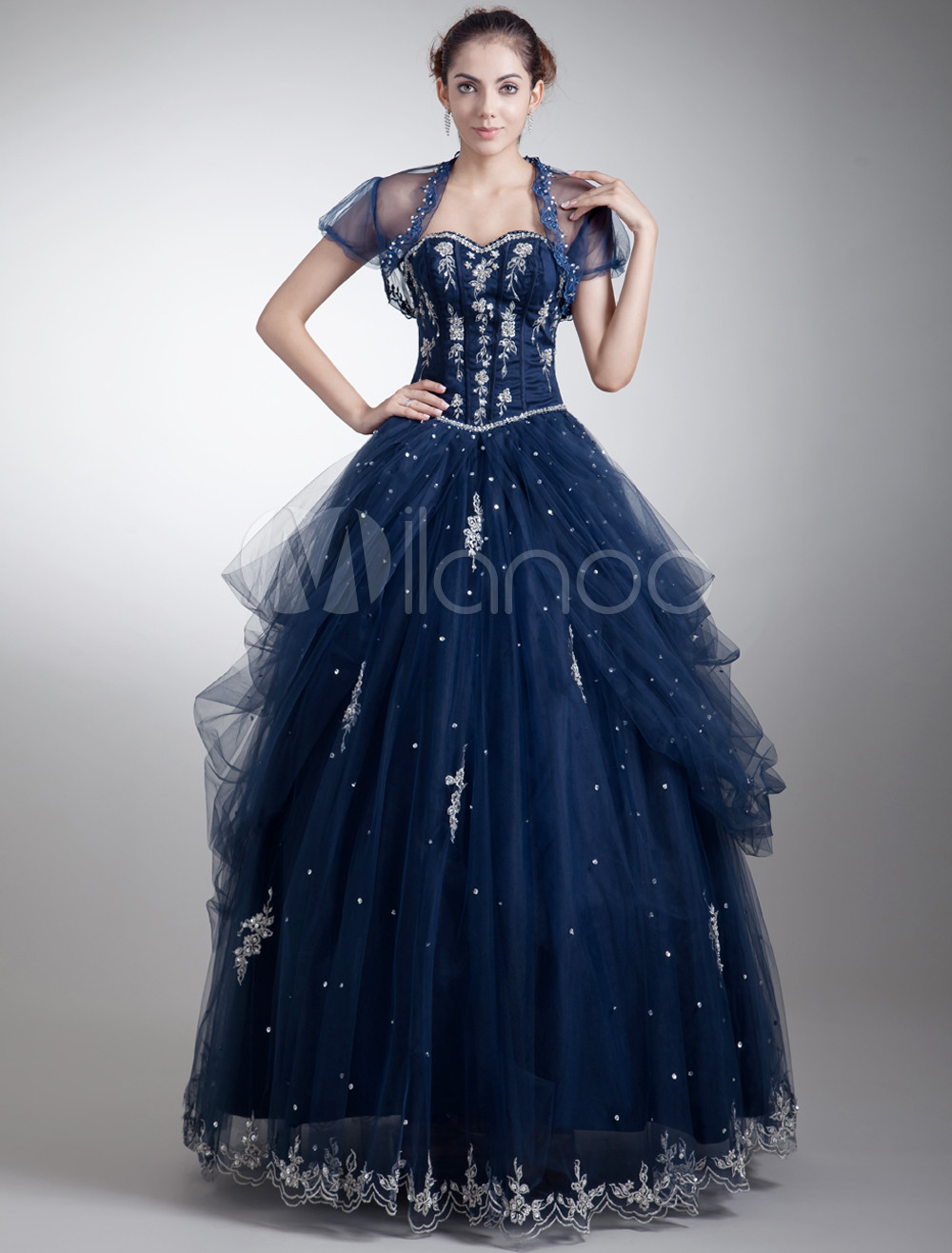 Ball Gown Dark Navy Net Embroidered Sweetheart Neck Prom Dress ...