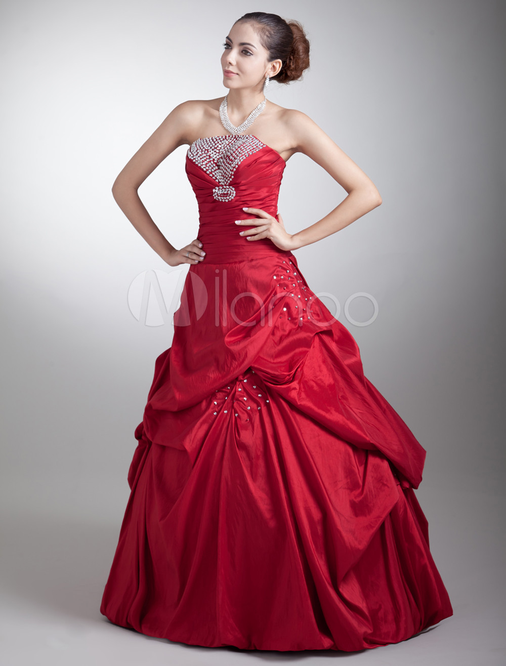 Burgundy Taffeta Beading Strapless Floor-Length Fashion Prom Dress ...