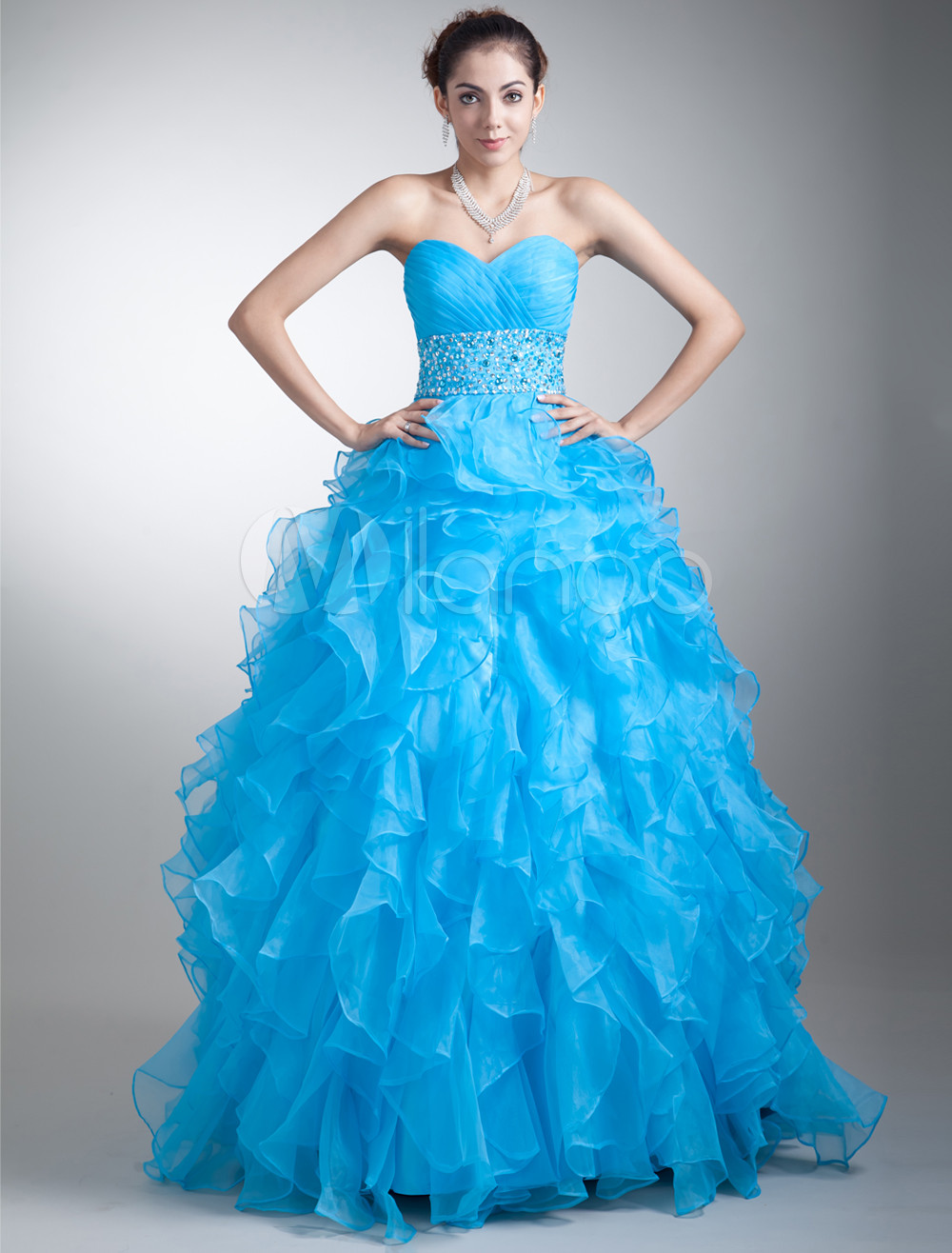 Organza Prom Dress Cyan Sweetheart Ball Gown Quinceanera Dress Beading ...