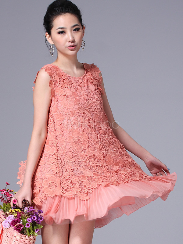 Sweet Floral Pleated Sleeveless Lace Womens Dress - Milanoo.com