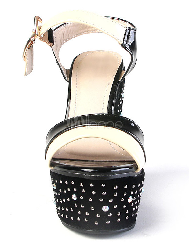Black Studded Wedge Heel Color Block PU Womens Sandals - Milanoo.com