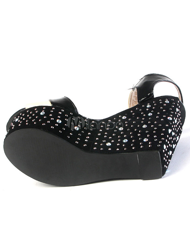 Black Studded Wedge Heel Color Block PU Womens Sandals - Milanoo.com