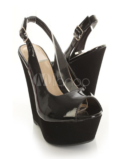 Elegant Black Peep Toe Slingback Women's Wedge Shoes - Milanoo.com