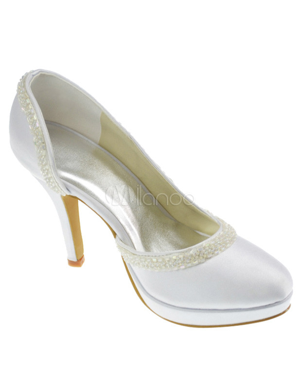 Cute White Satin 3 9/10'' High Heel 2/5'' Platform Wedding Shoes ...