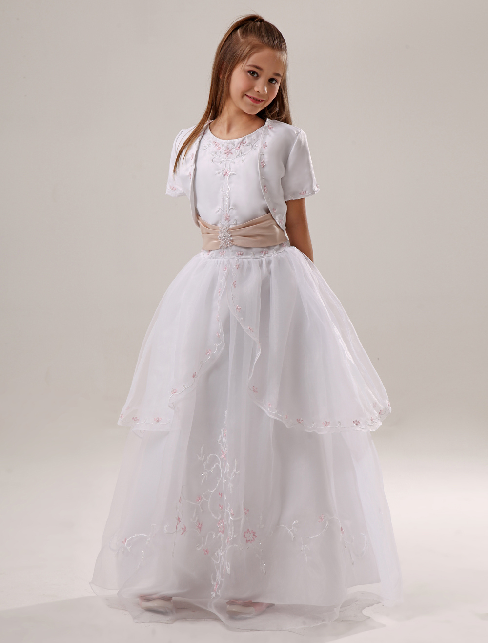 White Flower Girl Dresses Embroidery Satin Ruched Sash Kids Princess Ball Gown Pageant Dress 