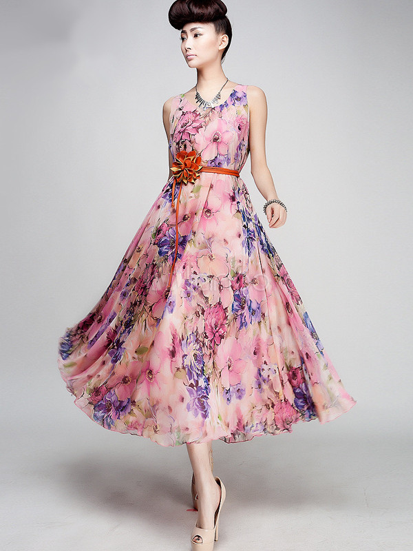 Elegant Pink Printed Shaping Chiffon Jewel Neck Women's Maxi Dress ...