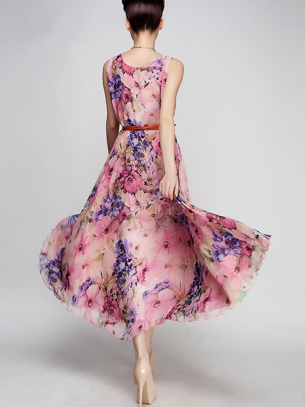 Elegant Pink Chiffon V-Neck Maxi Dress