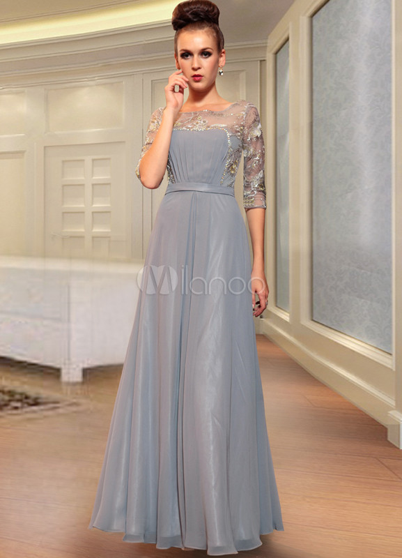 Light Slate Gray Peter Pan Collar A-line Beading Polyester Prom Dress ...