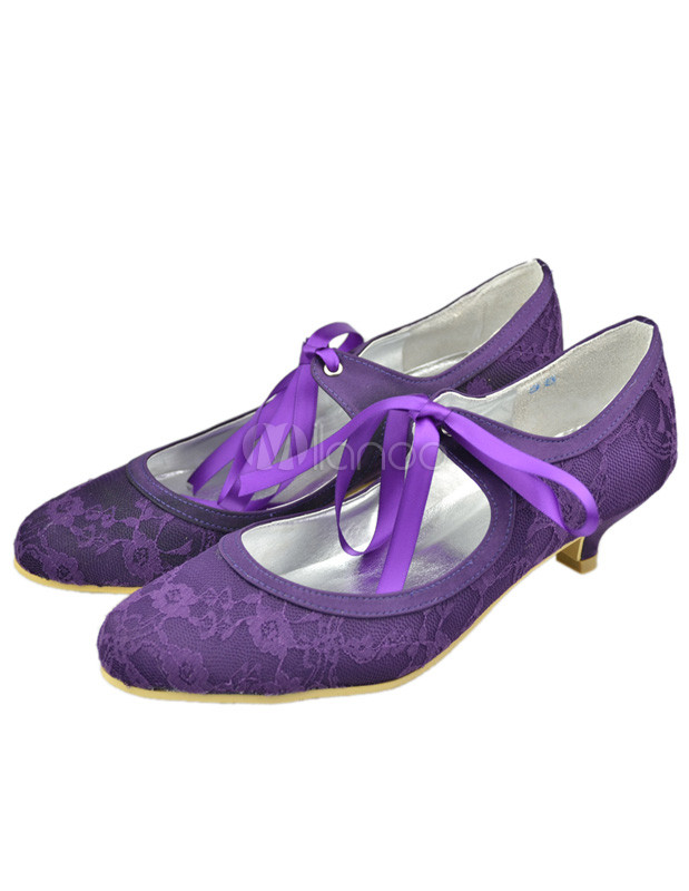 Purple Round Toe Flower Lace Wedding Shoes - 0