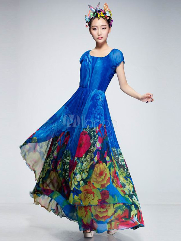 Deep Blue Floral Print Chiffon Maxi Dress - Milanoo.com