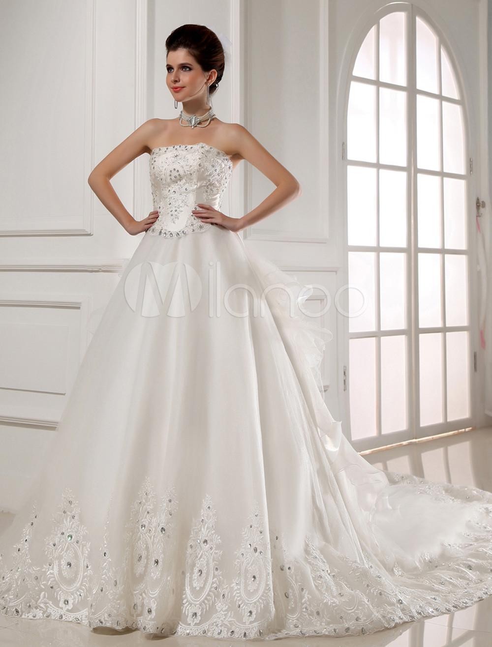 White Rhinestone Tulle Wedding Dress For Bride - Milanoo.com