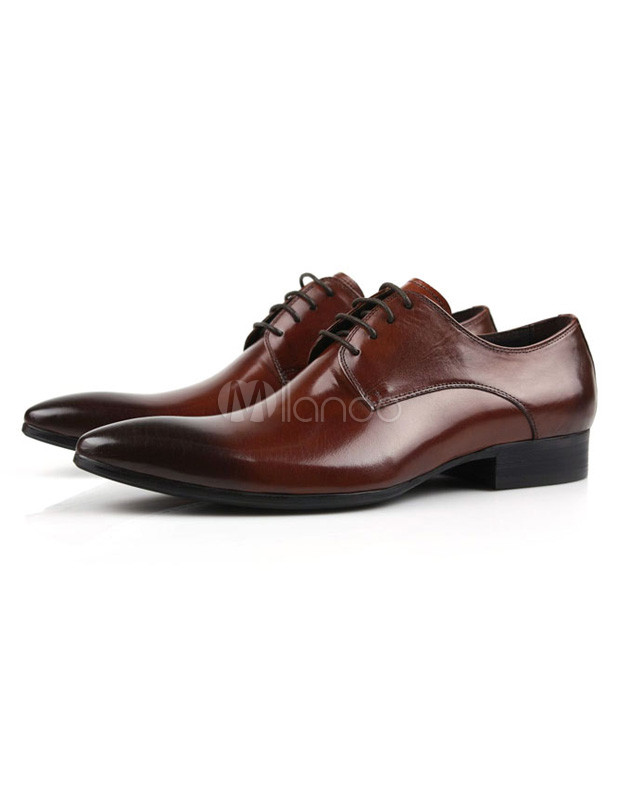 Gradient Color Design Brown Almond Toe Cowhide Dress Shoes for Men