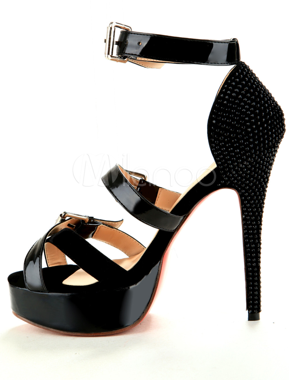 Black Ankle Strap Buckle Sheepskin High Heel Womens Fashion Shoes