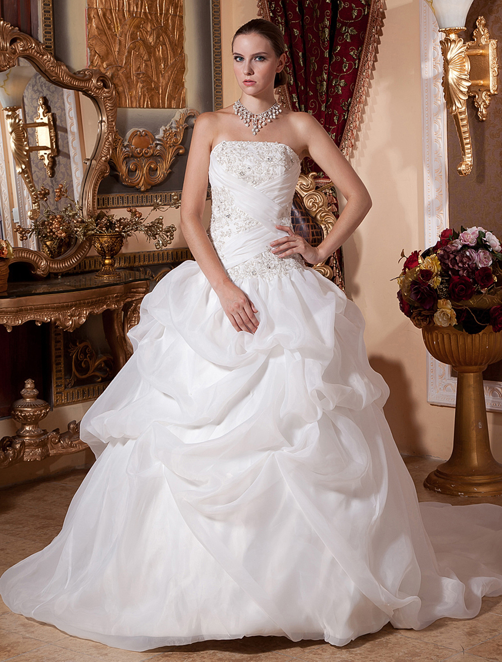 white-wedding-dresses-ball-gown-bridal-dress-strapless-organza-beading-ruched-chapel-train