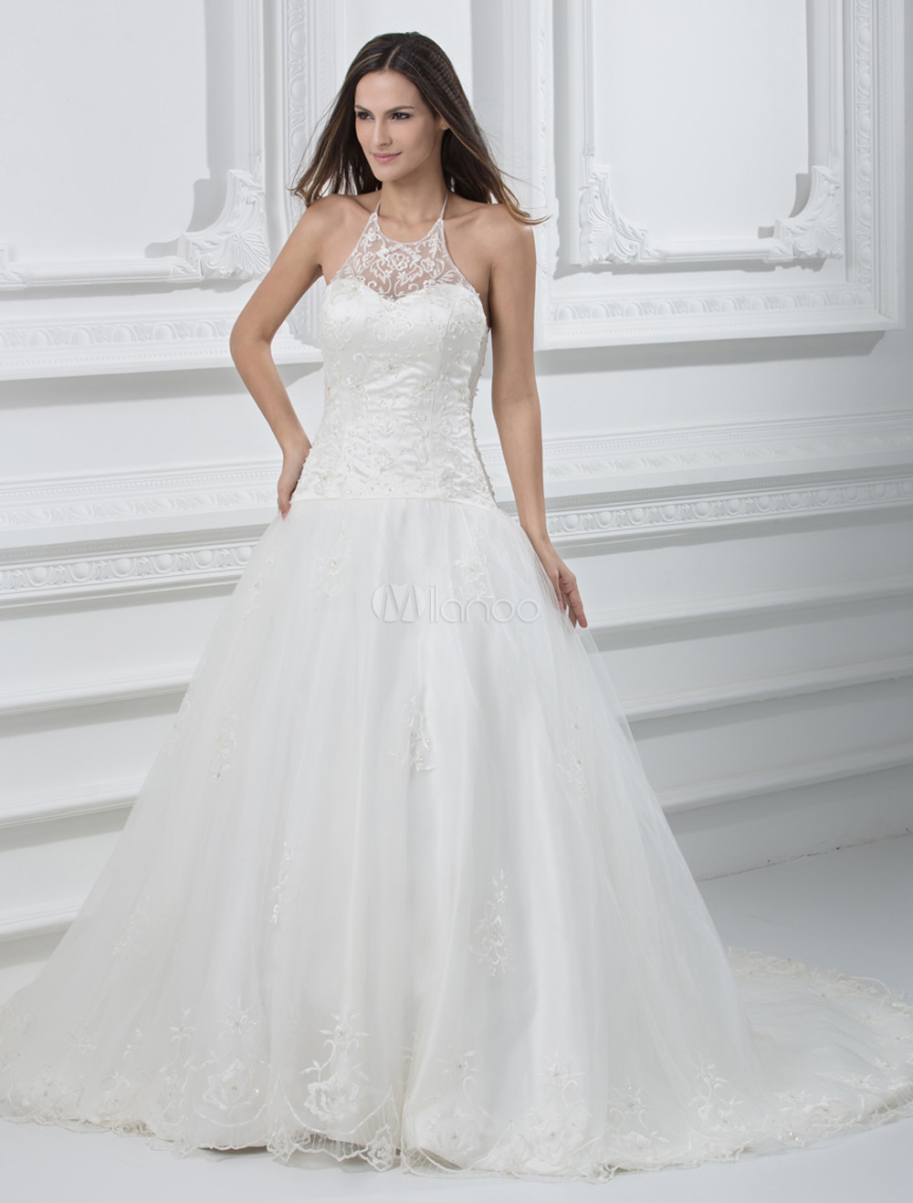 Fabulous White Halter A-line Sweep Satin Lace Wedding Dress - Milanoo.com