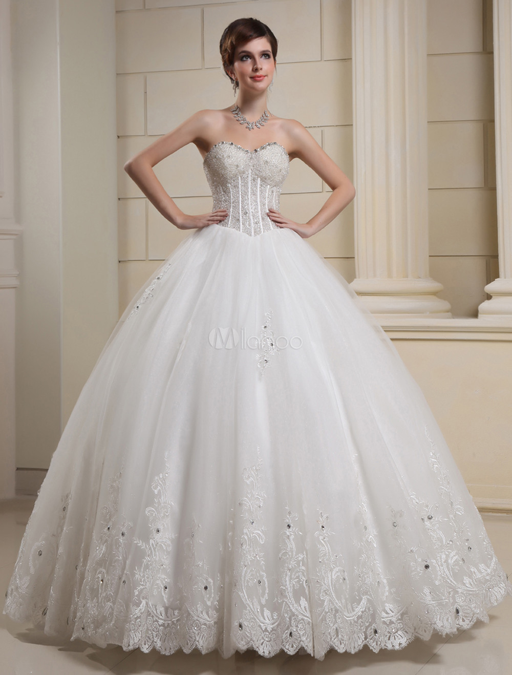 White Sweetheart Embroidered Studded Tulle Wedding Dress For Bride ...