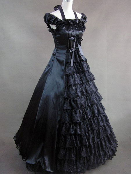 Gothic Lolita Renaissance Black Halter Multi-layer Satin Long Dress ...