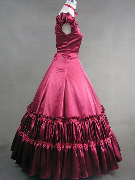 Women's Vintage Costume Victorian Red Satin Ruffle Retro Maxi Dress ...
