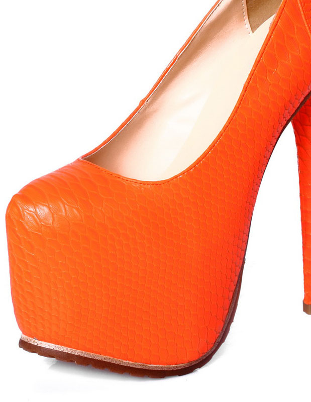 Orange Stiletto Heel Almond Toe Snake Print PU Platform Pumps - Milanoo.com