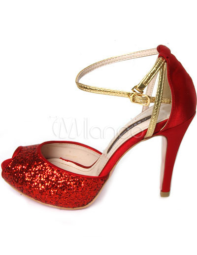 4 1/10'' High Heel Red Peep Toe Sequined Fabric Ankle Strap Fashion ...