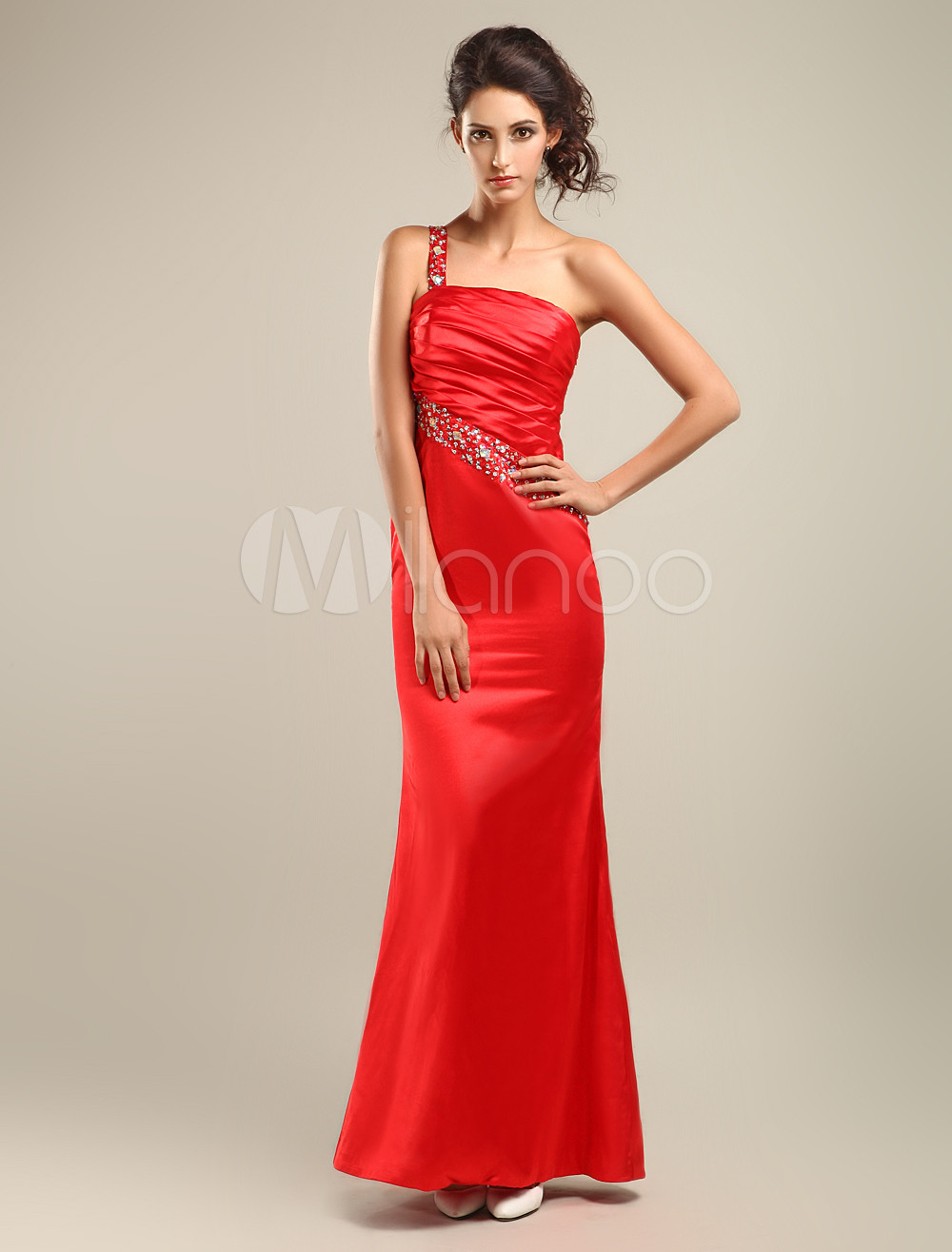 get jquery p text One Elegant Silk Shoulder Red Slim Satin Dress Prom Like