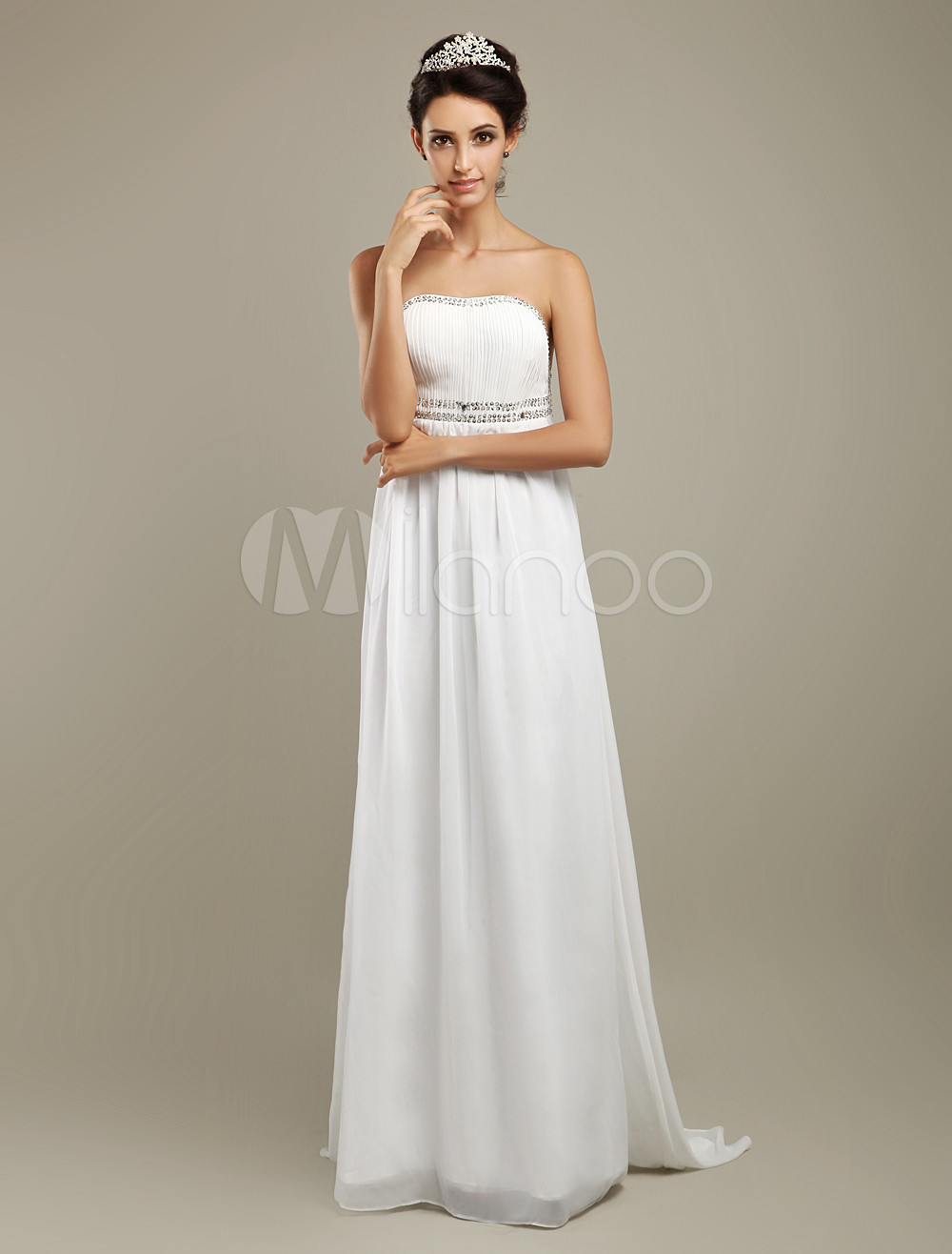 Romantic White Chiffon Beading Strapless Prom Dress - Milanoo.com