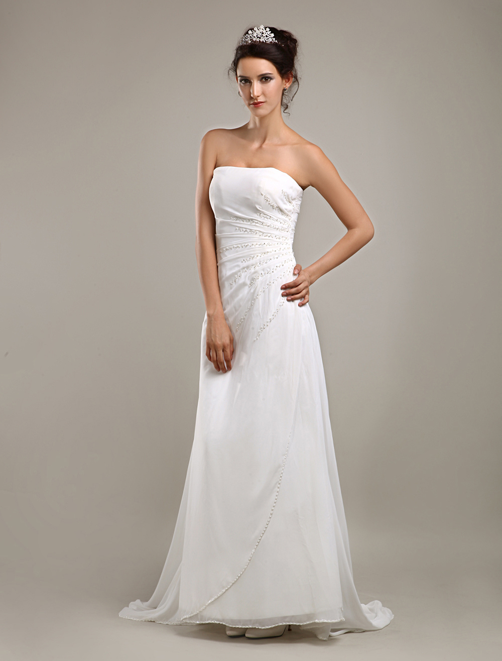 Elegant White A Line Strapless Satin Wedding Dress 