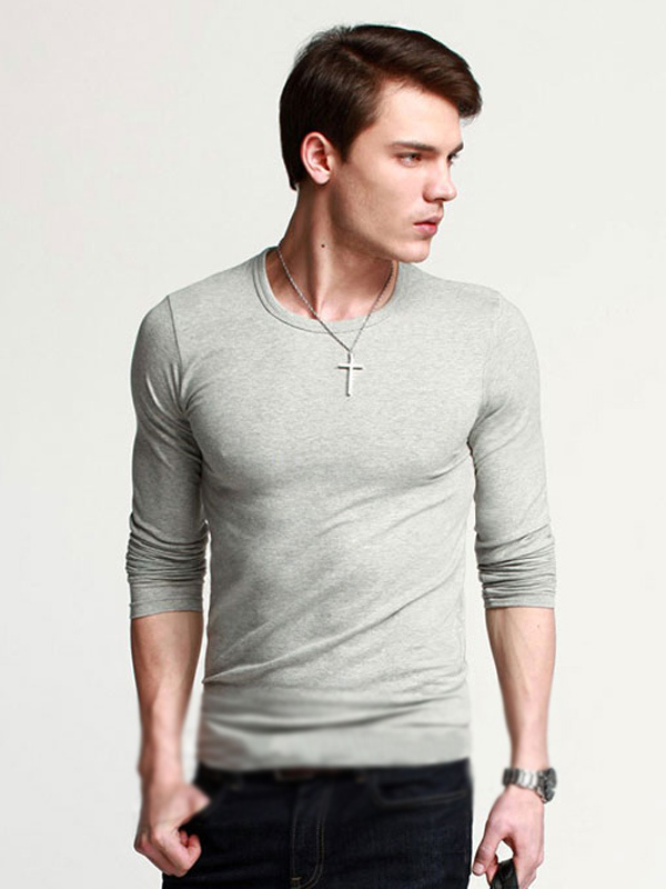 Crewneck Long Sleeves Cotton Solid Color Handsome Cool Men's T-Shirt ...
