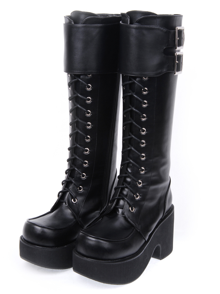 3.3'' High Heel 1.8'' Platform Black Knee High Pu Lolita Boots ...