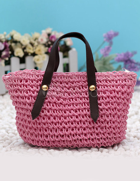 Horizontal Double Handle Zipper Straw Tote Beach Bag - Milanoo.com