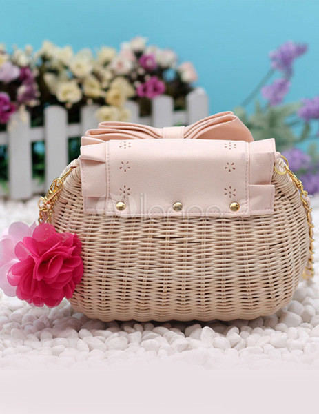 Unspecified Chain Magnetic Snap Bow Flower Straw Shoulder Beach Bag ...