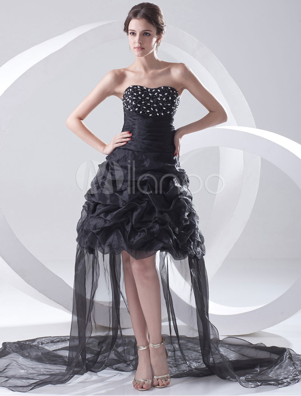 A-line Black Organza Rhinestone Sweetheart Asymmetrical Prom Dress ...