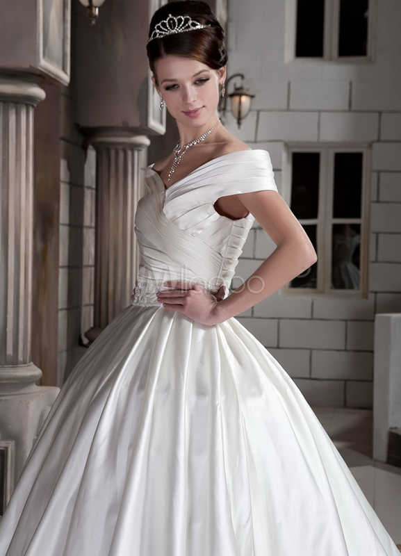 Ivory Elegant Off-The-Shoulder Beading Satin Bridal Wedding Dress