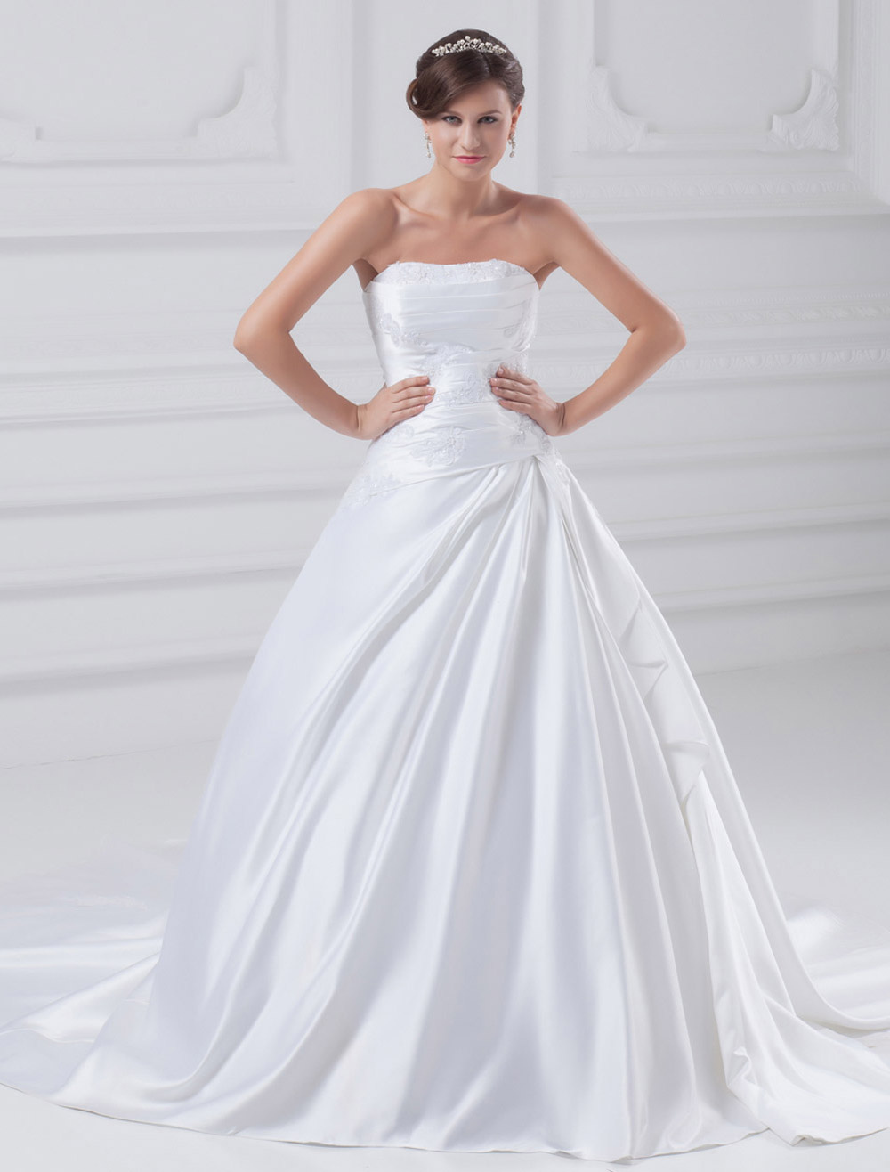 White Ball Gown Beading Satin Wedding Dress For Bride