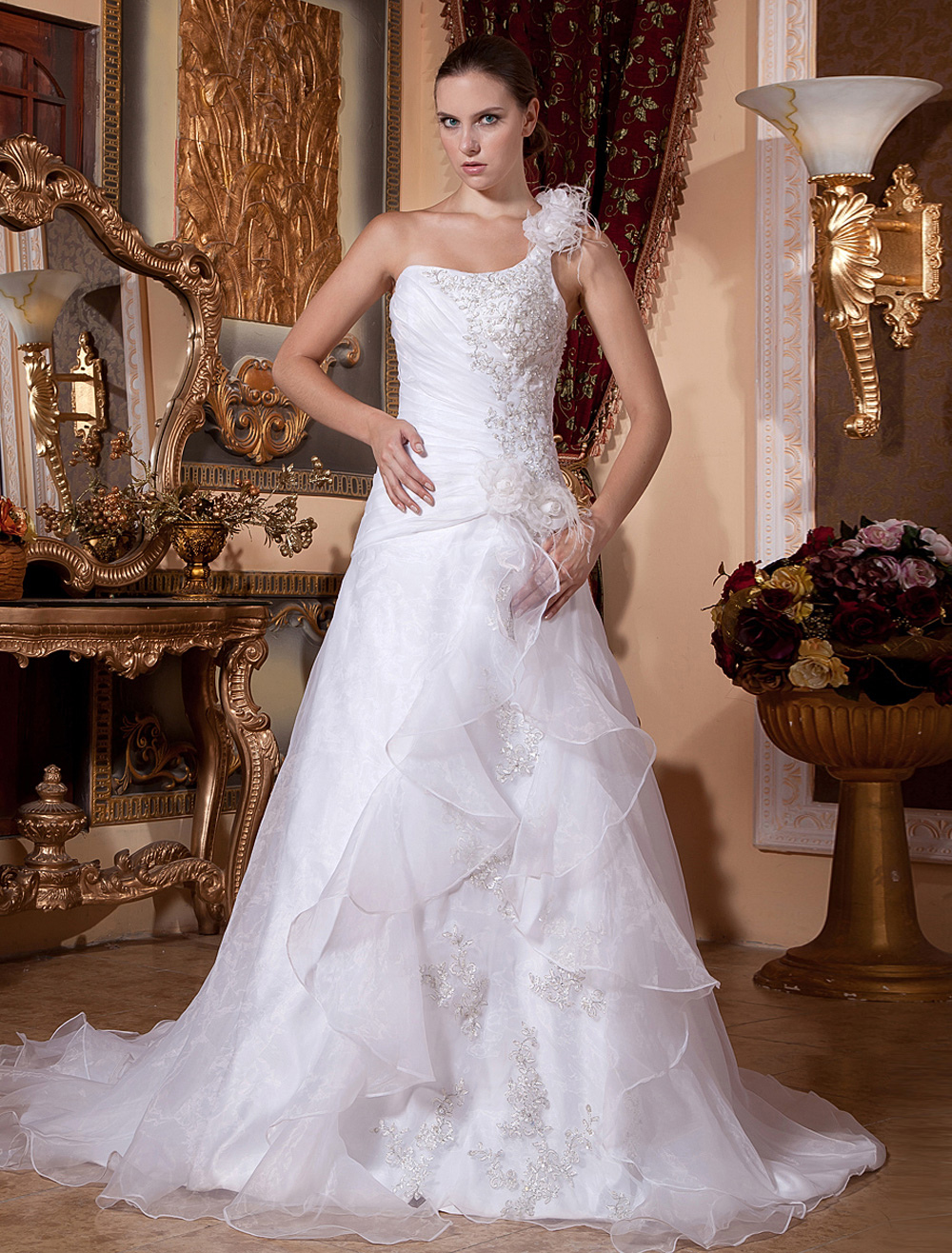 White Rococo A-line One-Shoulder Organza Beading Bridal Wedding Dress ...