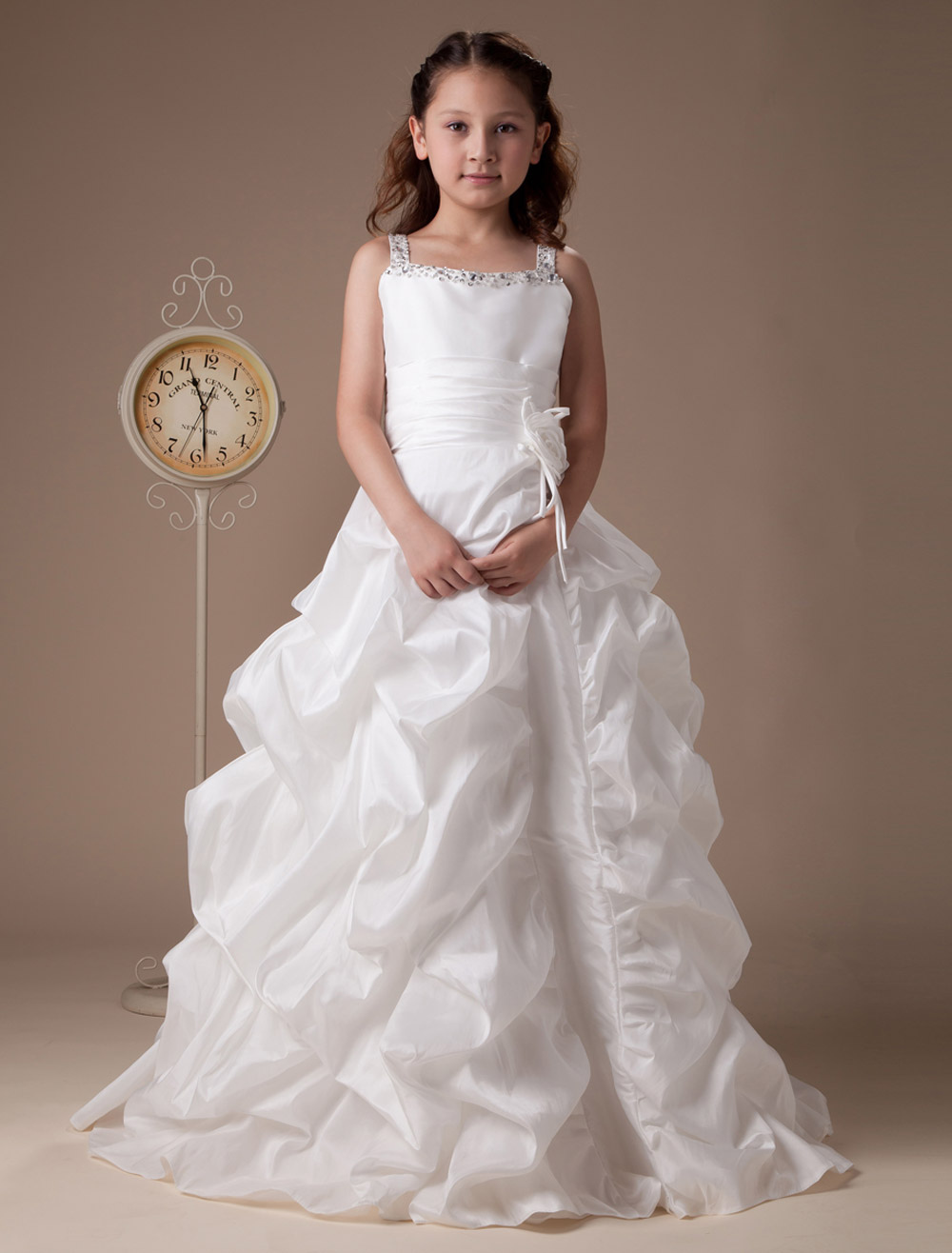 White Sleeveless Beaded Taffeta Flower Girl Dress - Milanoo.com