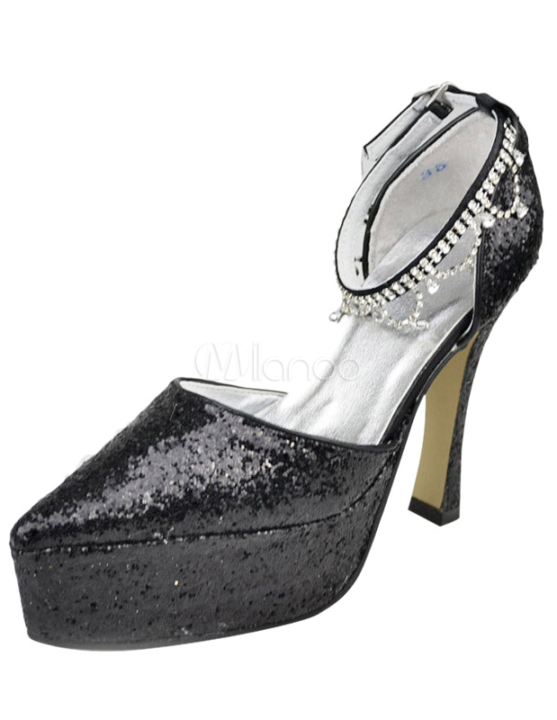 4 3/4'' High Heel Black Glitter Satin Wedding Shoes