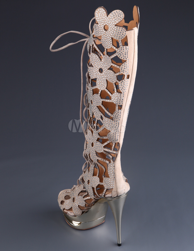 Apricot Flower Cut Out LaceUp Rhinestone Sheepskin Suede Womens Knee