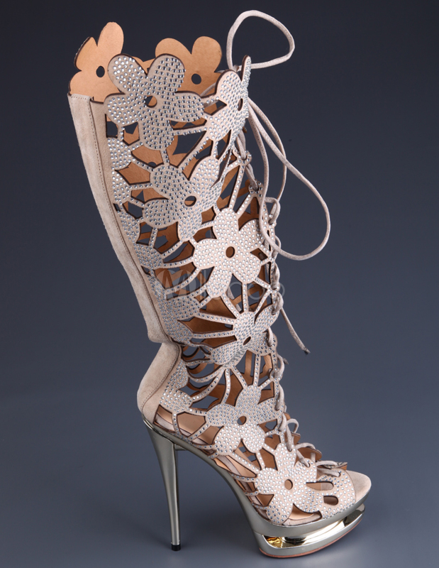 Apricot Flower Cut Out LaceUp Rhinestone Sheepskin Suede Womens Knee