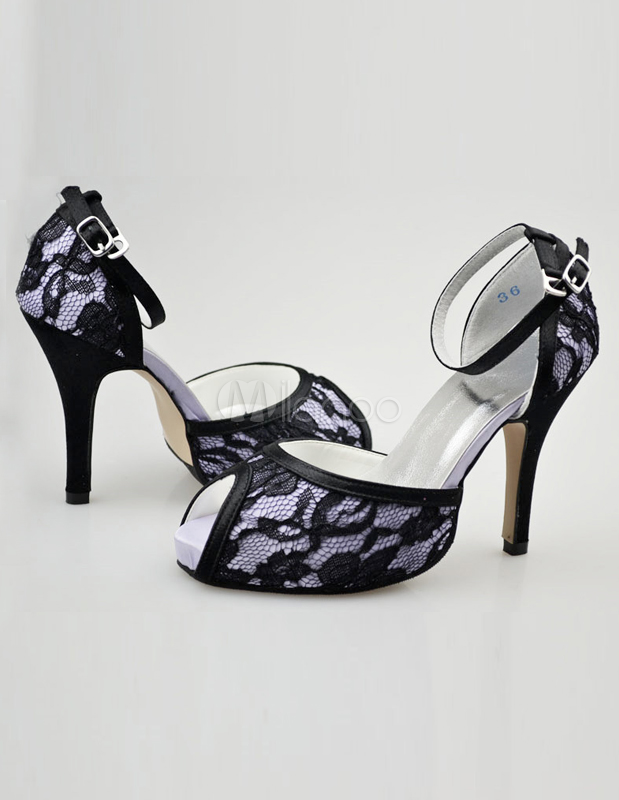 black lace open toe heels