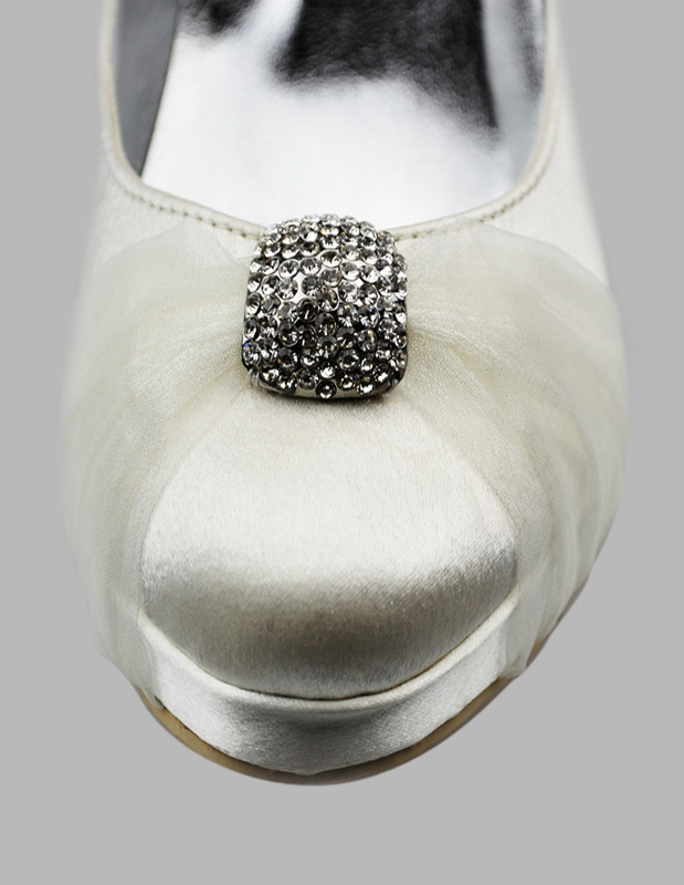 Ivory Satin Rhinestone Bow Ankle Strap Bride's Shoes - Milanoo.com