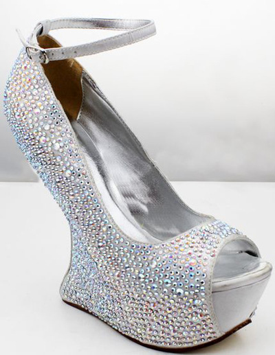 Silver Ankle Strap Peep Toe Rhinestone Womens Wedge Shoes - Milanoo.com