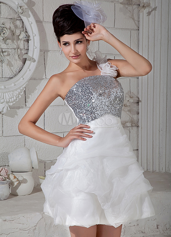 White OneShoulder Sequin Organza Satin Dress