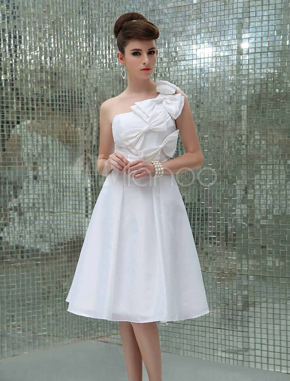 Simple Wedding Dresses Ivory One Shoulder Bow A Line Short Bridal Dress ...
