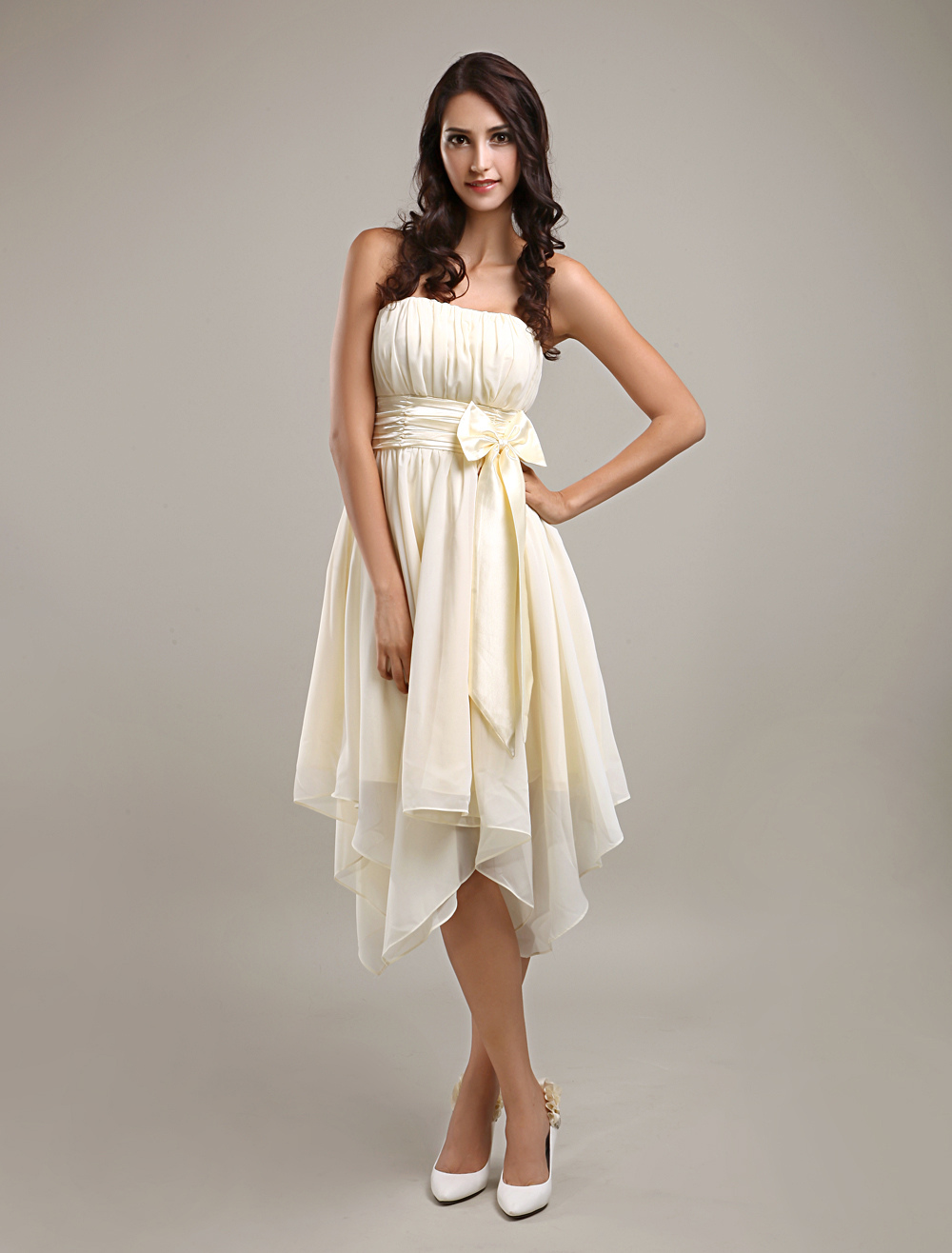 Asymmetrical Pleated Ivory Bridesmaid Dress