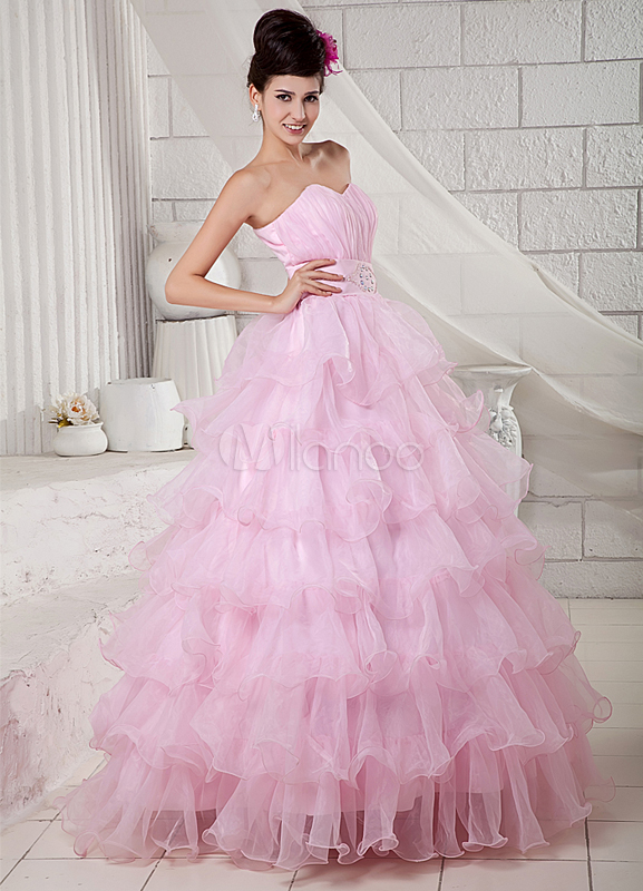 Pink Strapless Beading Organza Satin Ball Gown - Milanoo.com