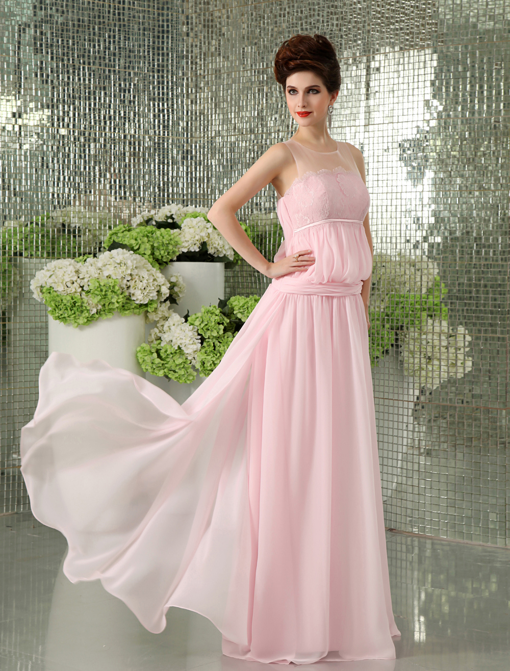 Slimming Pink Chiffon Lace Jewel Neck Sexy Evening Dress Milanoo 