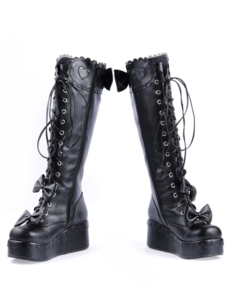 Sweet Black PU Leather Front Lace Up Bow Lolita Boots - Milanoo.com