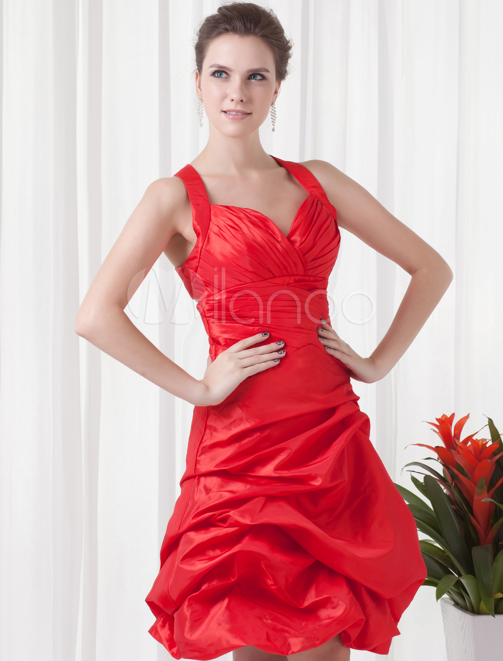 A-line Red Taffeta Halter Knee-Length Prom Dress - Milanoo.com