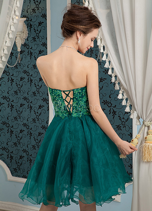 Princess Sweetheart Neck Short Dark Green Satin Organza Dress Dresses